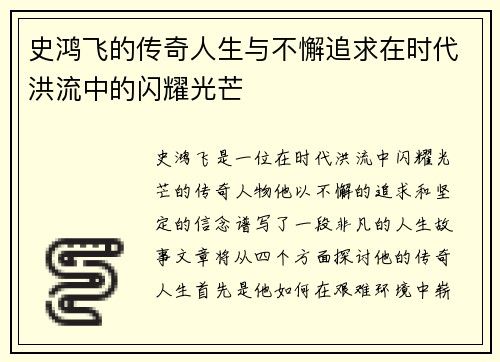 史鸿飞的传奇人生与不懈追求在时代洪流中的闪耀光芒